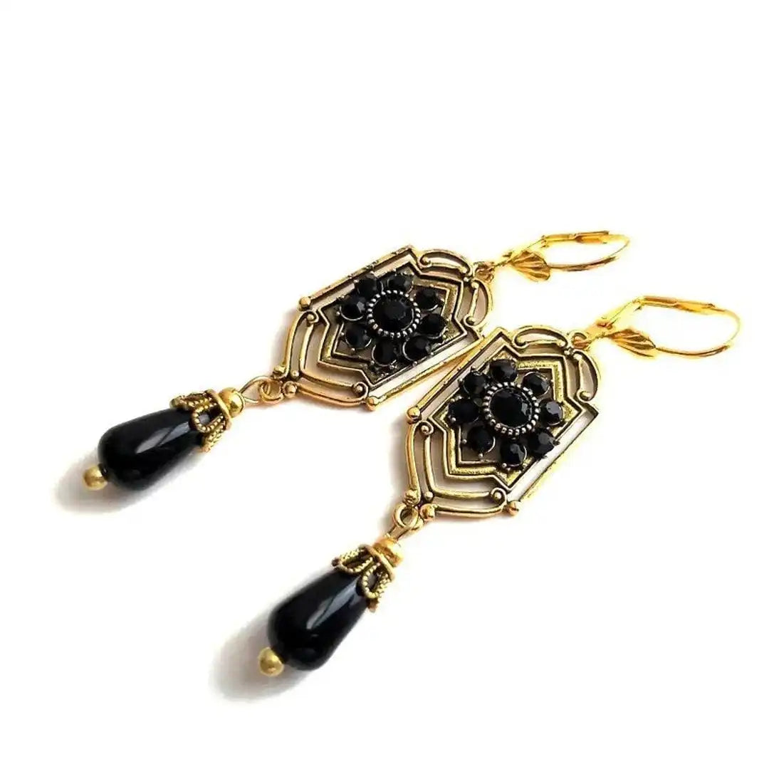 Silver Drop Earrings Cong with Black Crystals