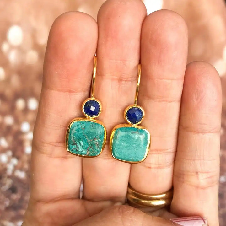 Gold Drop Earrings Niamh with Turquoise and Sapphire