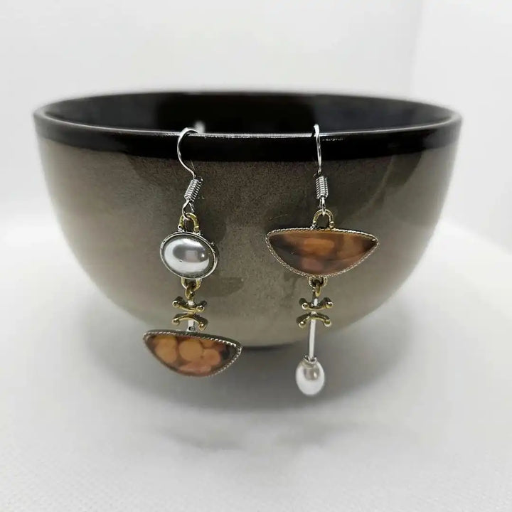Gold &amp; Silver Drop Earrings with Amber Stones and Pearl