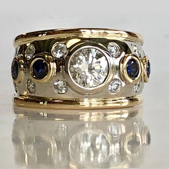 Gold &amp; Silver Band Ring with Sapphires &amp; Zirconia