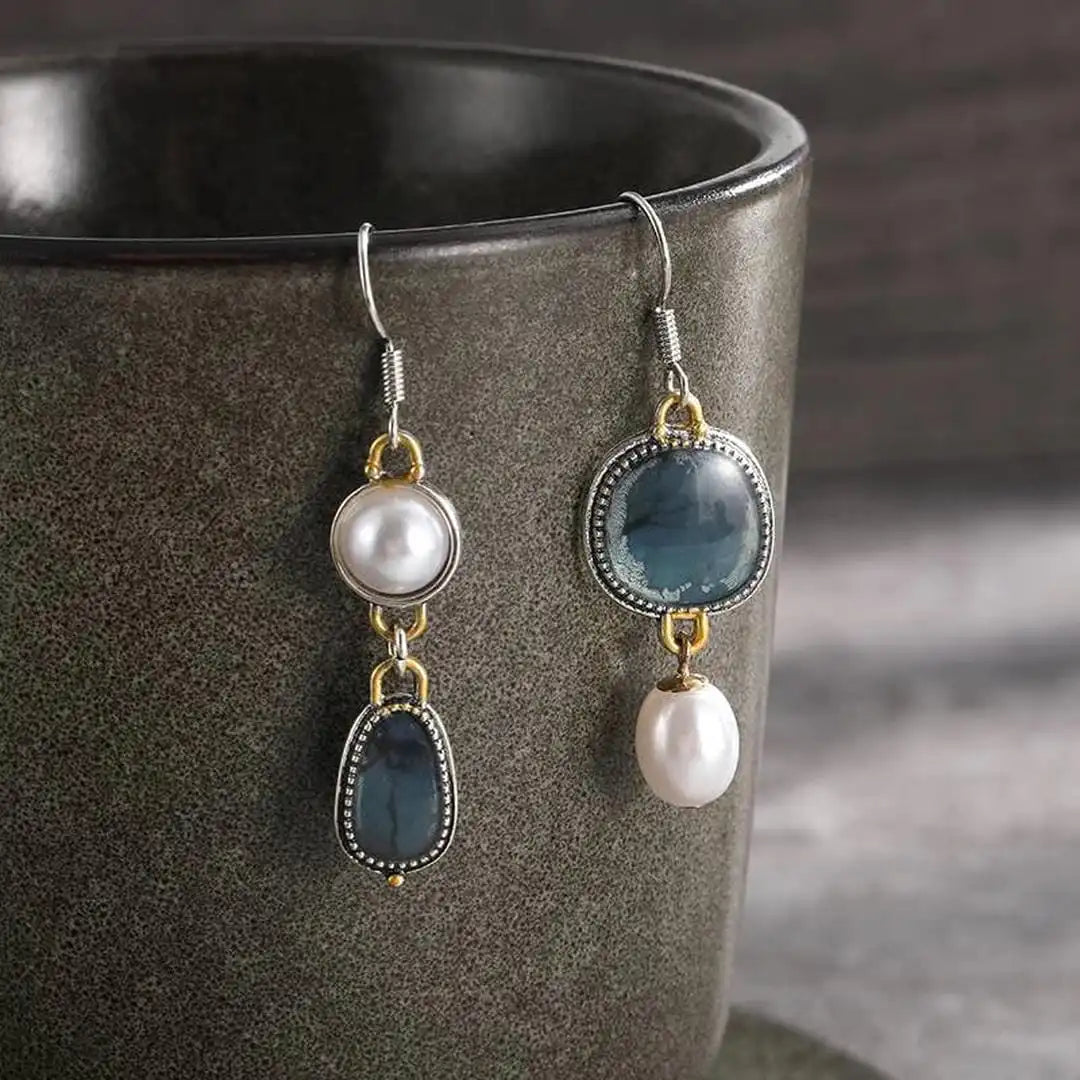 Gold &amp; Silver Drop Earrings with Blue Stone and Pearl