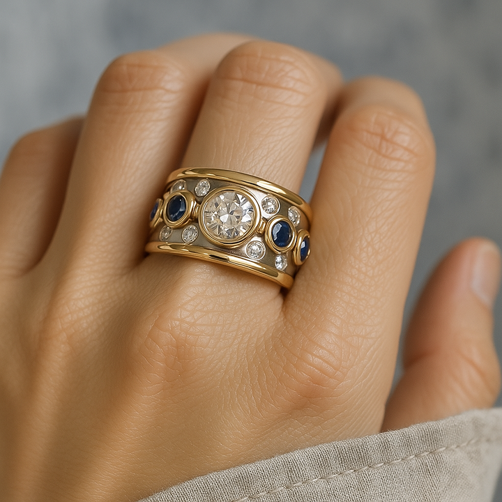 Gold &amp; Silver Band Ring with Sapphires &amp; Zirconia