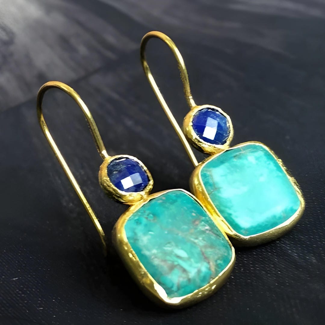 Gold Drop Earrings Niamh with Turquoise and Sapphire