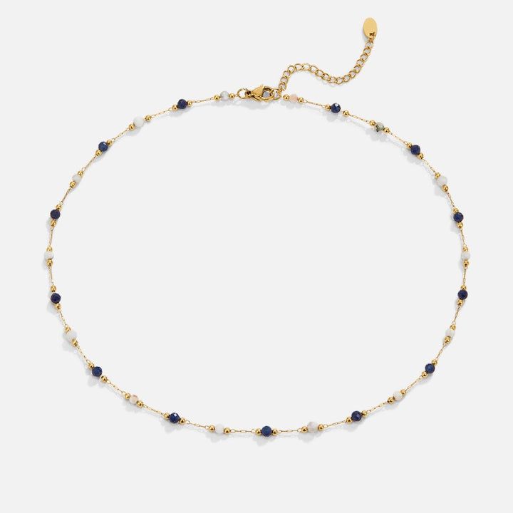 Gold Beaded Necklace Íde with Blue and White Beads
