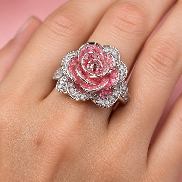 Silver Ring Áine with Pink Rose Motif