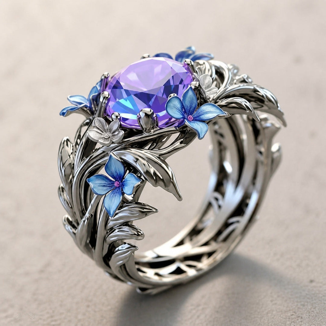 Silver Ring Muirne with Amethyst &amp; Floral Motif