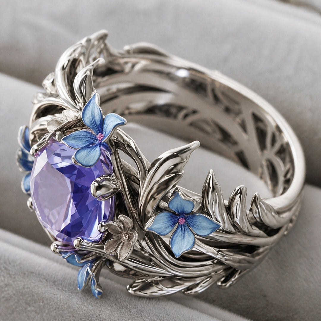 Silver Ring Muirne with Amethyst &amp; Floral Motif
