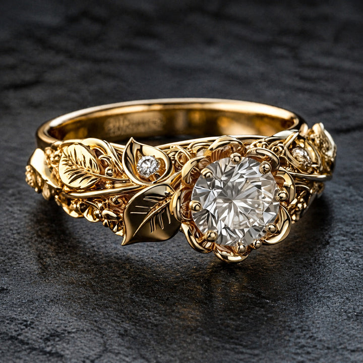 Gold Ring Gráinne with Zirconia &amp; Leaf Motif