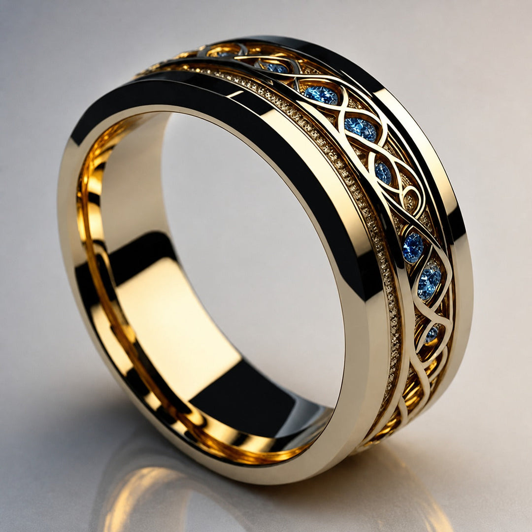 Gold Band Ring Deirdre with Sapphire &amp; Celtic Knot