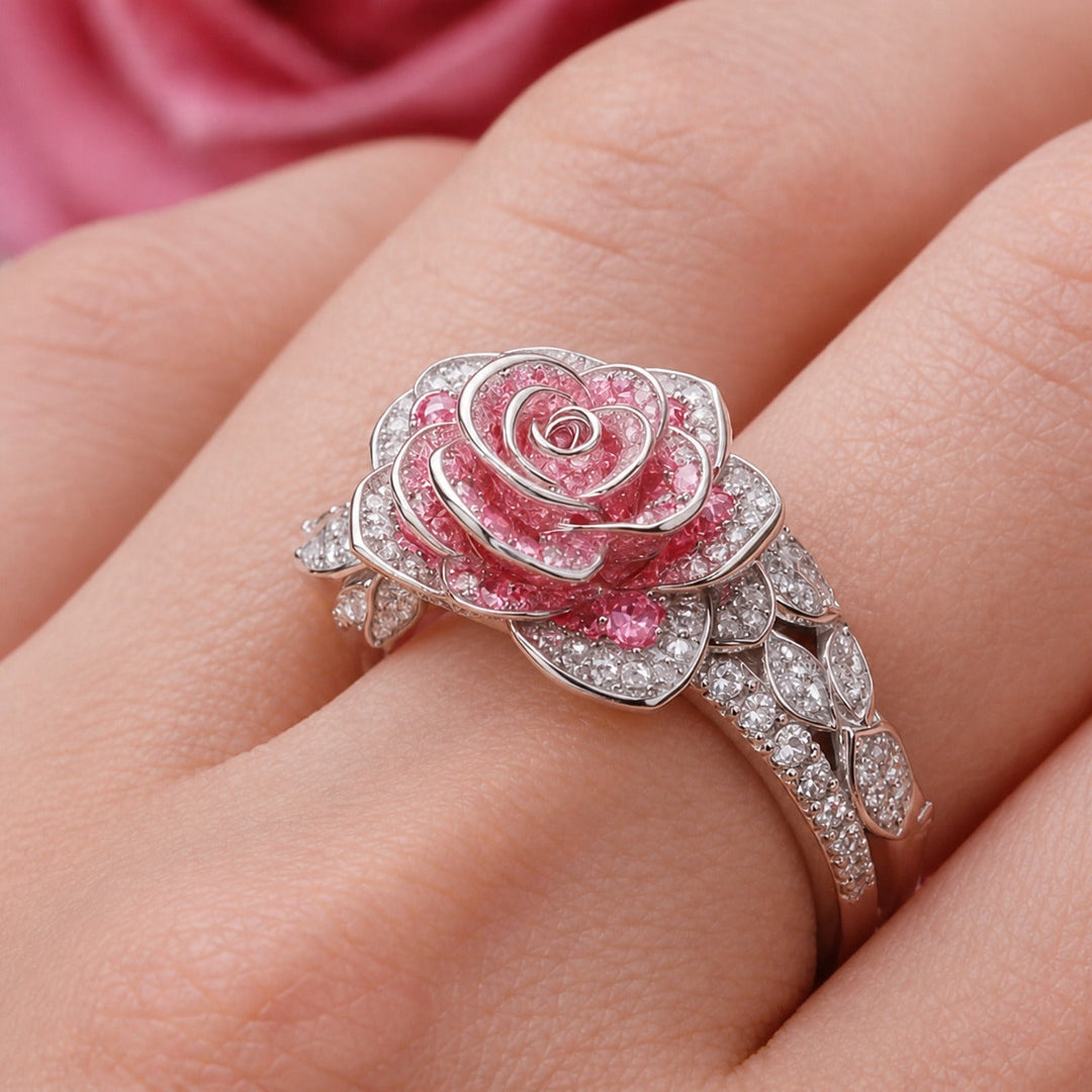 Silver Ring Sorcha with Pink Rose Motif
