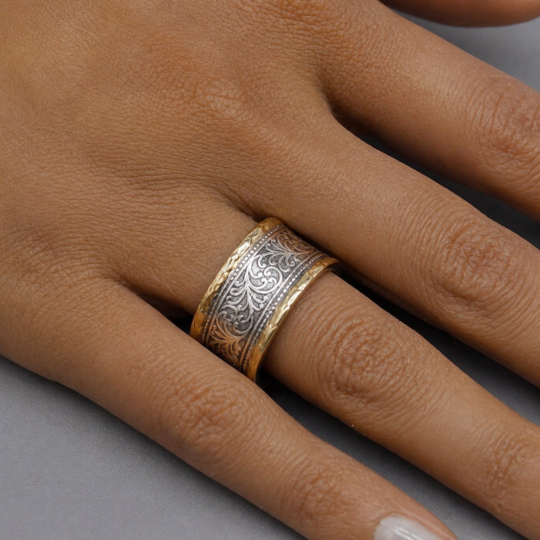 Gold &amp; Silver Band Ring Saoirse with Filigree Motif