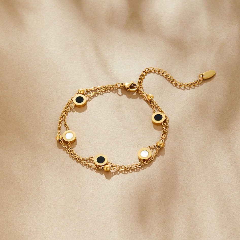 Gold Chain Bracelet Aoife with Black &amp; White Discs