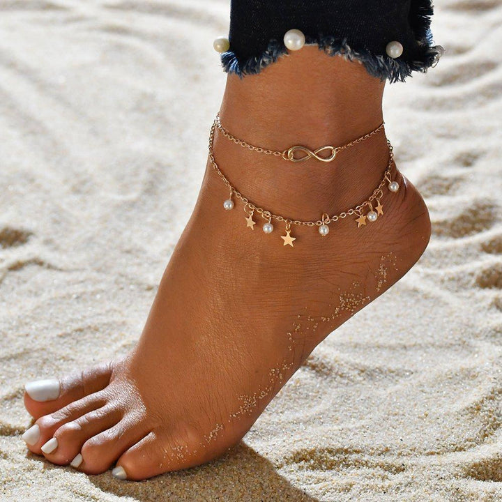 Gold Anklet Aoibhinn with Infinity, Pearls and Stars