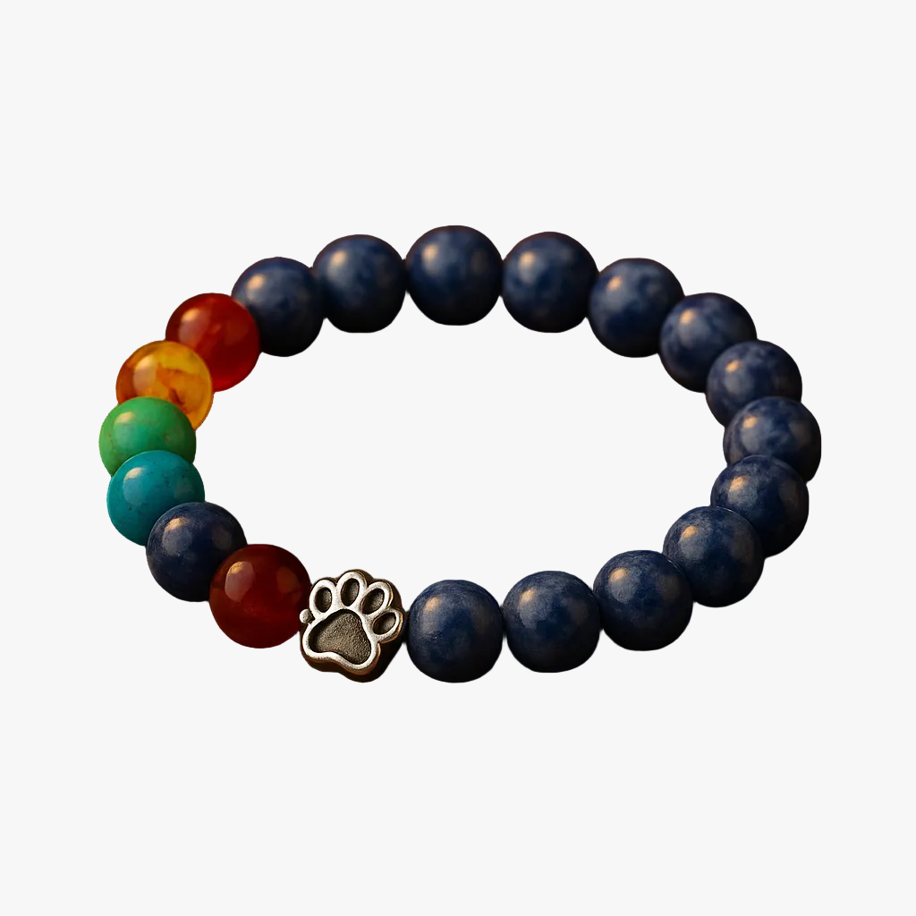 Blue Beaded Bracelet with Paw Print &amp; Chakra Stones