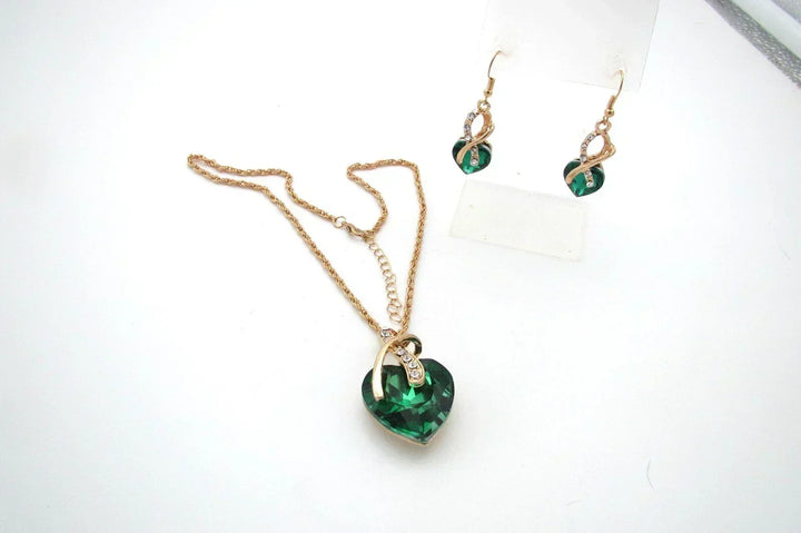 Gold Heart Necklace and Earrings Set with Emerald and Zirconia
