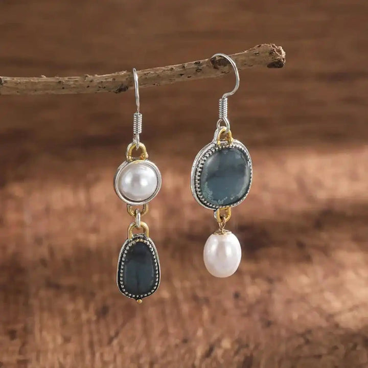 Gold &amp; Silver Drop Earrings with Blue Stones and Pearls
